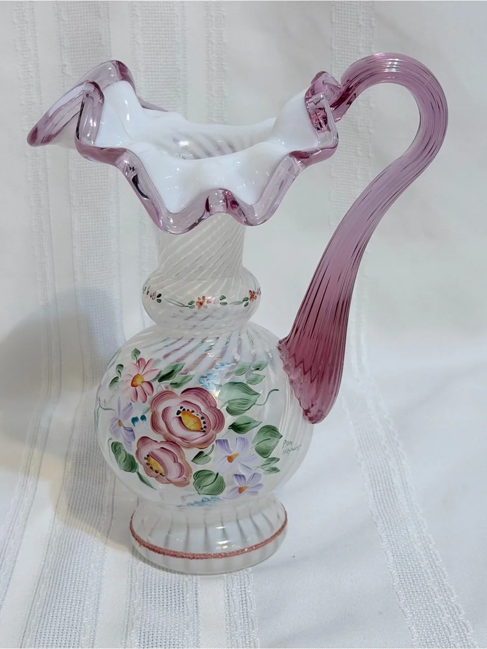 Fenton 1996 Commemorative Opalescent Purple Wavy Rim Hand Painted Pitcher Vase